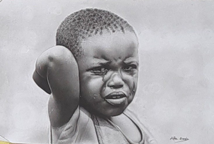 Black and white portrait drawing of a crying child