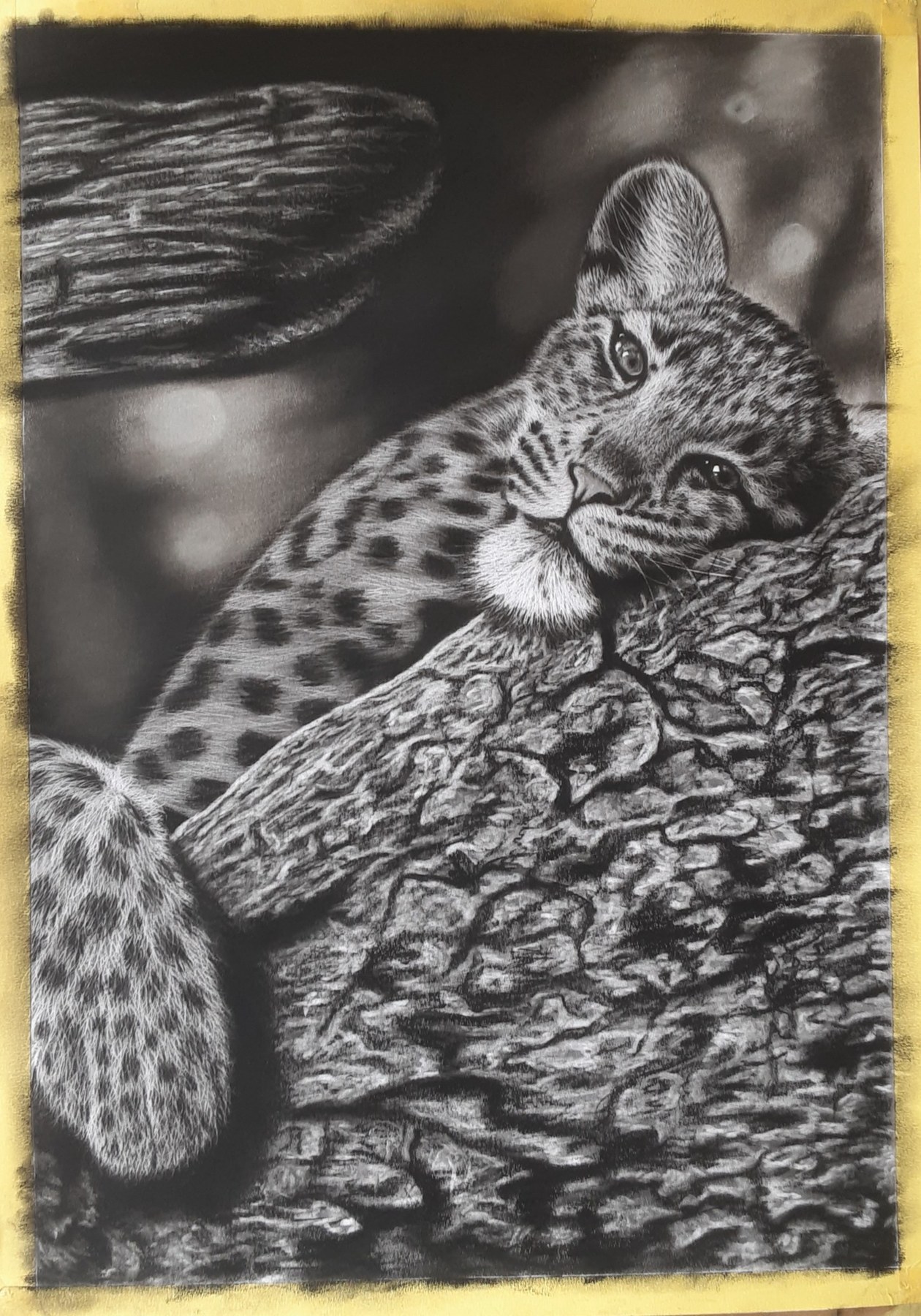 Black and white leopard drawing resting on a tree