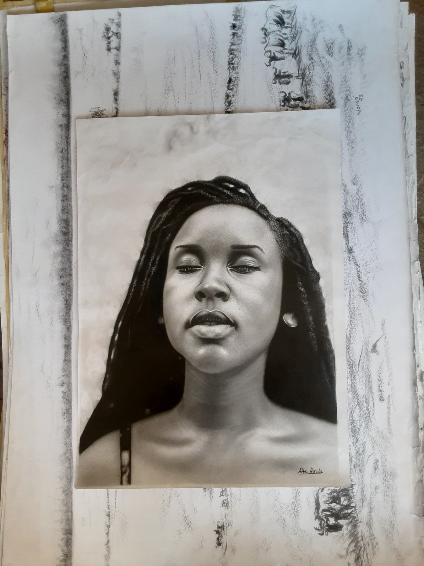 Black and white portrait drawing of a woman with braids