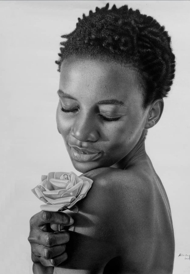 Black and white portrait holding a rose